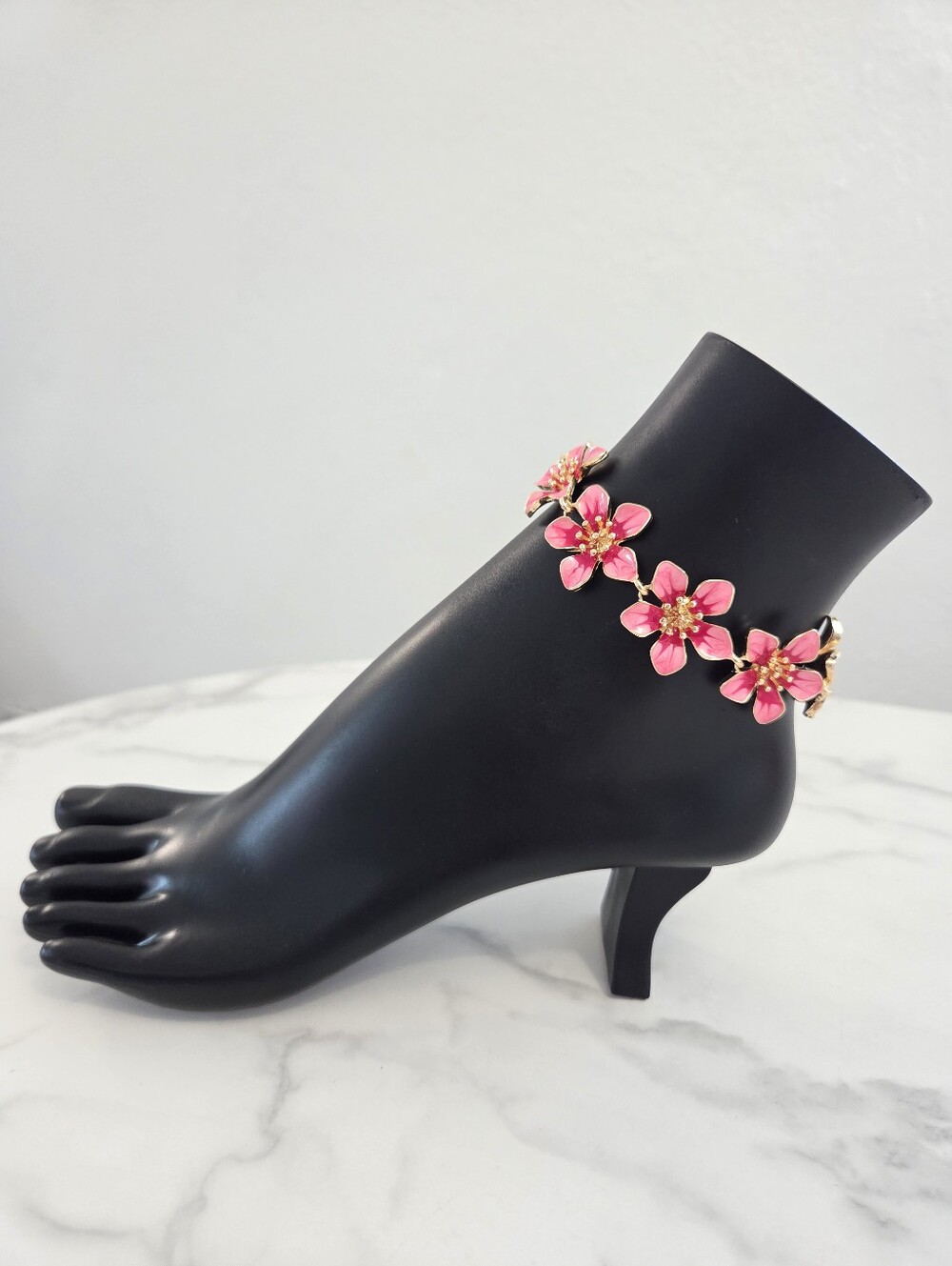 Pink Floral Enamel Gold Tone Anklet Statement Beach Jewelry - Picture 4 of 11